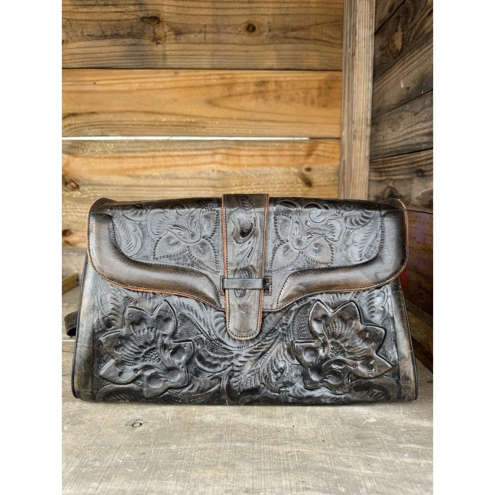 Vintage Hand Tooled Leather Purse Shoulder Handbag Brown Floral Western Cowgirl‎